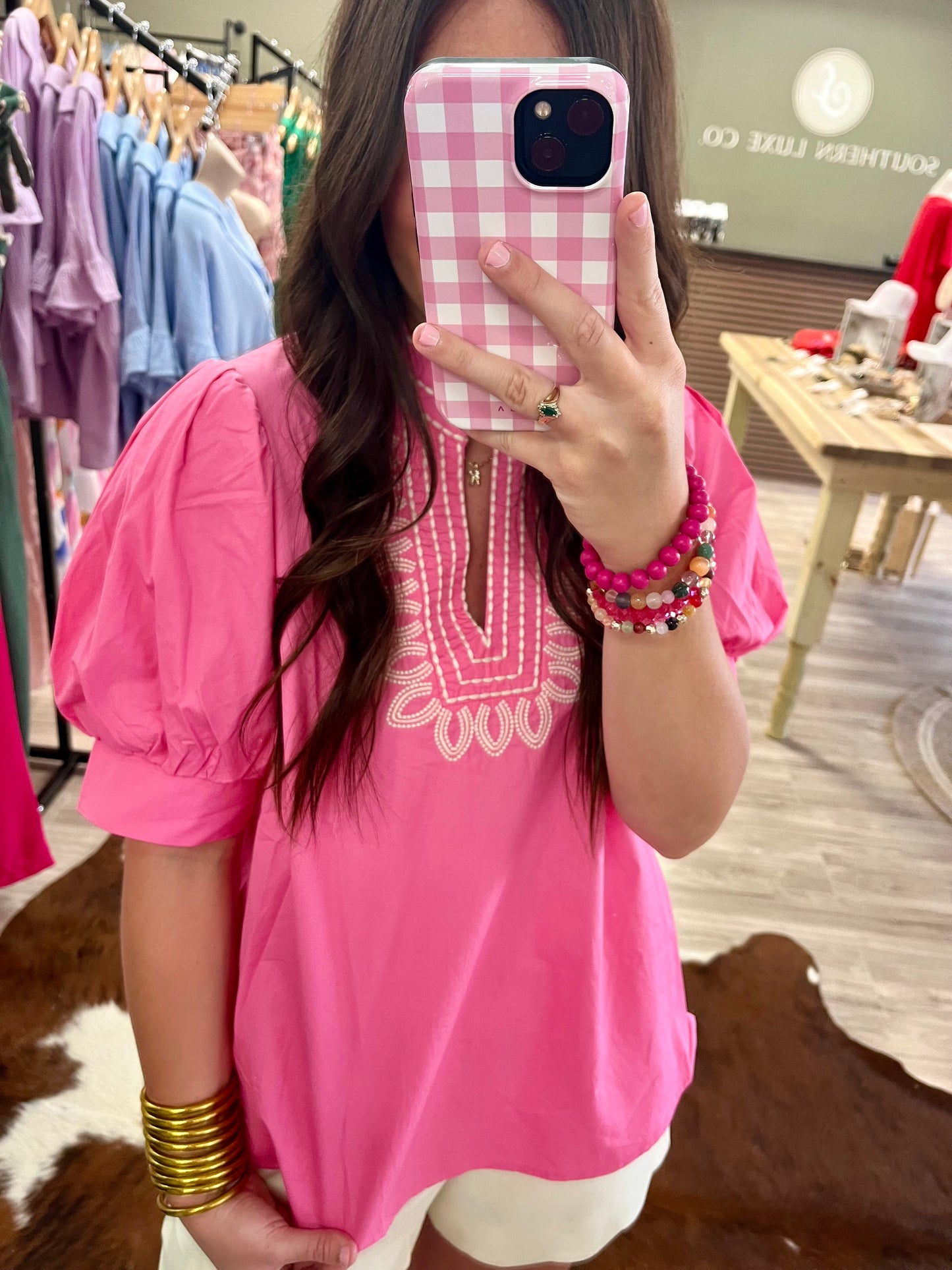 Pink v neck stitched women blouse