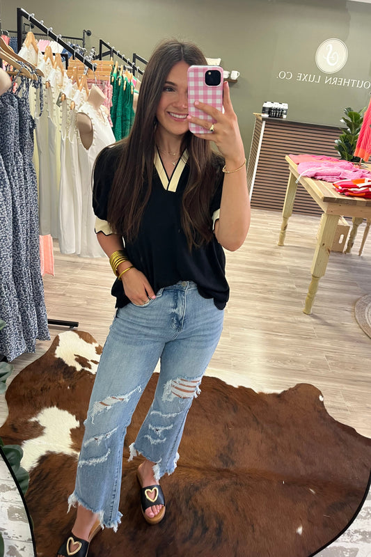 Color Contrast Collared V Neck Puff Sleeve Blouse | S-XL