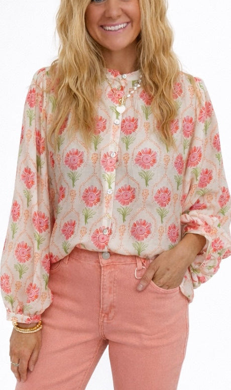 Pink floral long sleeve blouse