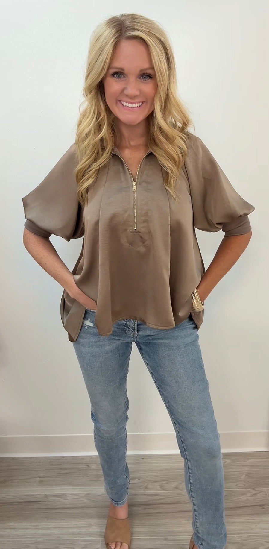 Mocha mock neck puff sleeve blouse