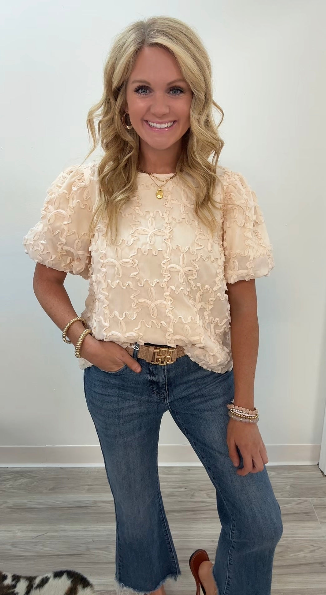 Champagne textured puff blouse