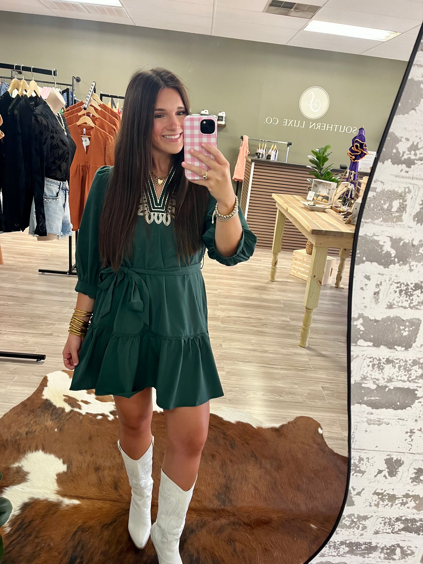 Hunter green v neck design dress