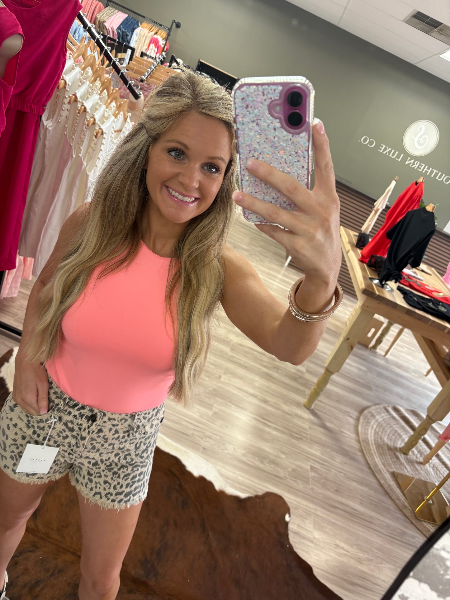 Sleeveless tank bodysuit neon pink/white