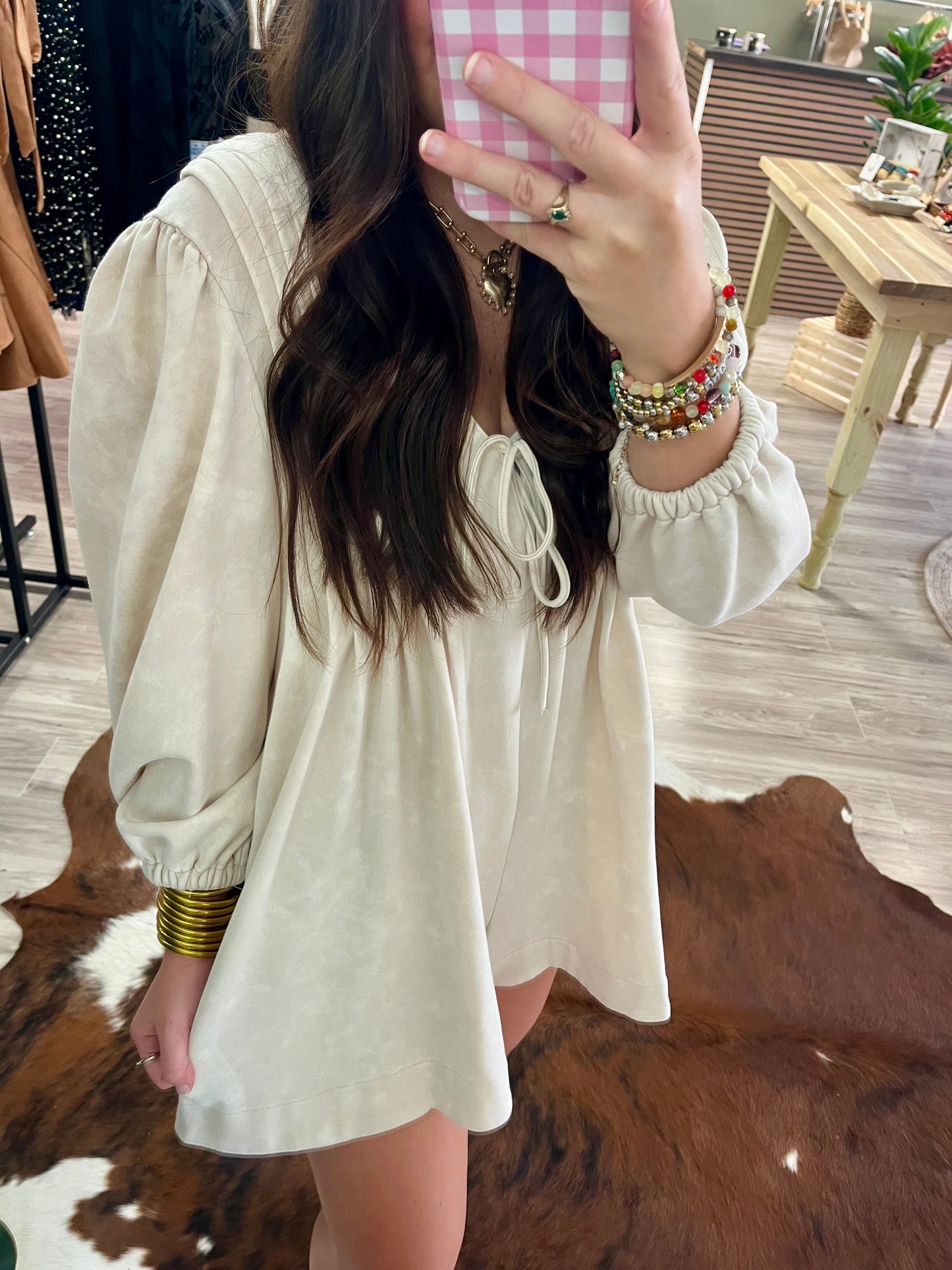 Long sleeve pleated cotton romper
