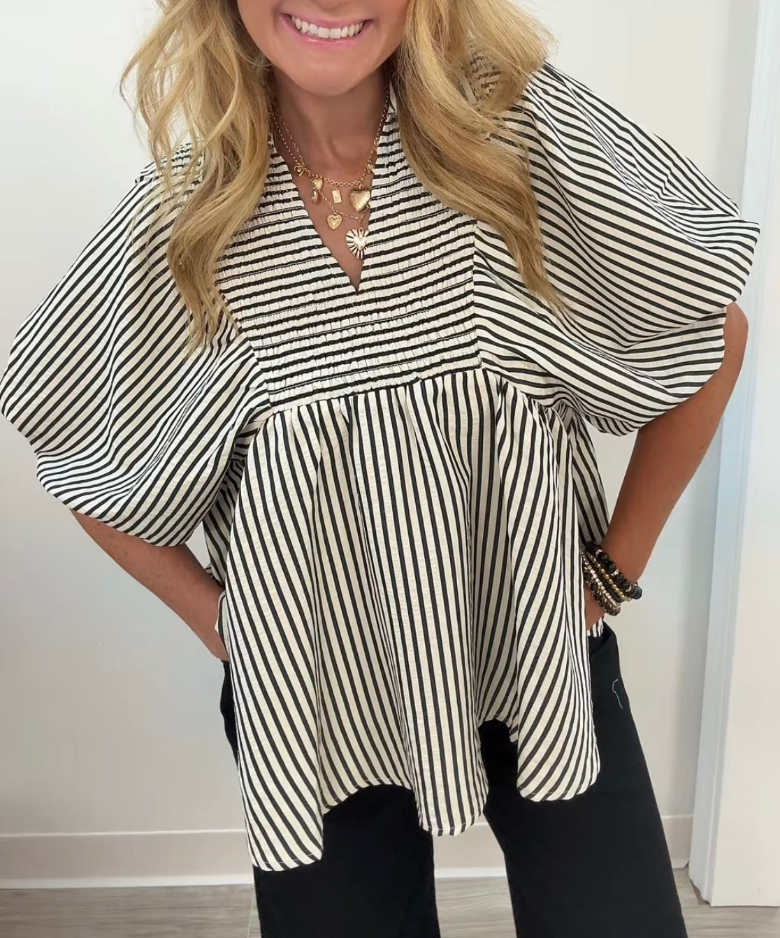 Black striped v neck blouse