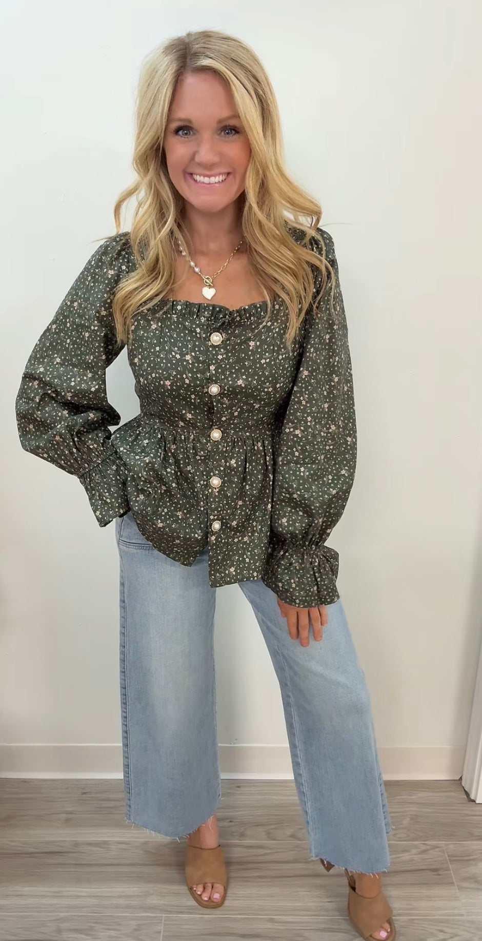 Green Ditsy print button down blouse