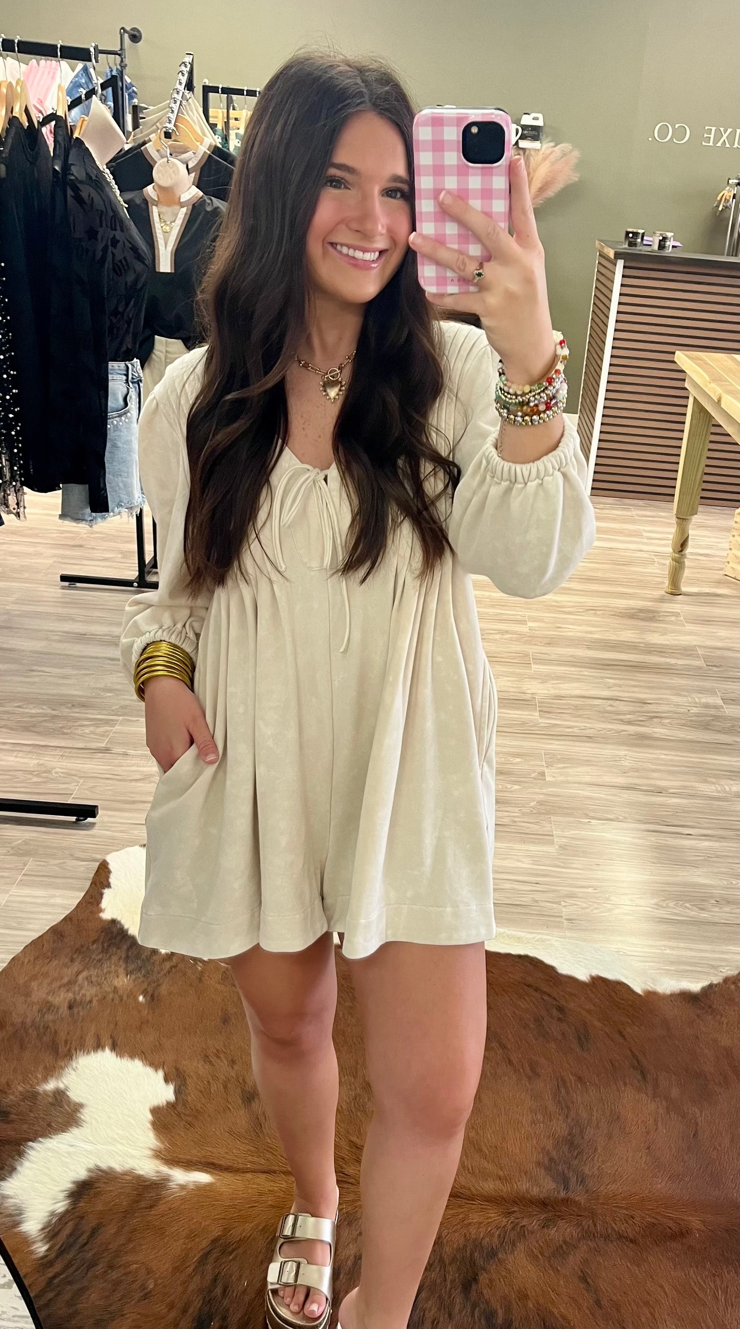 Long sleeve pleated cotton romper