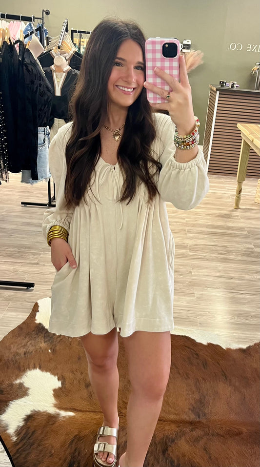 Long sleeve pleated cotton romper