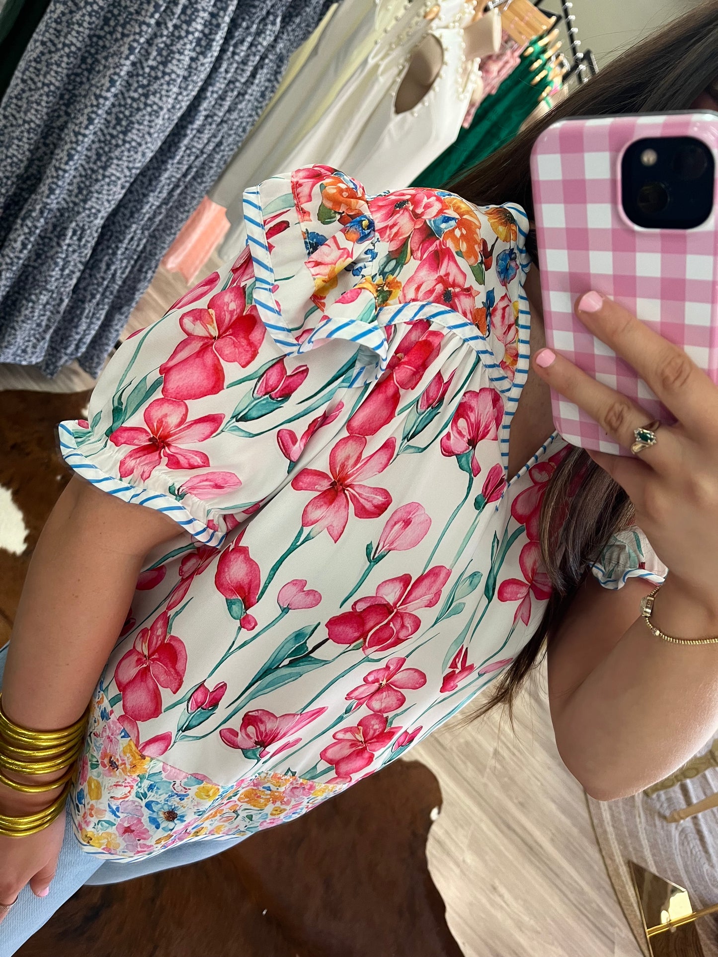 Floral Print Striped Detail Split Neck Short Sleeve Blouse