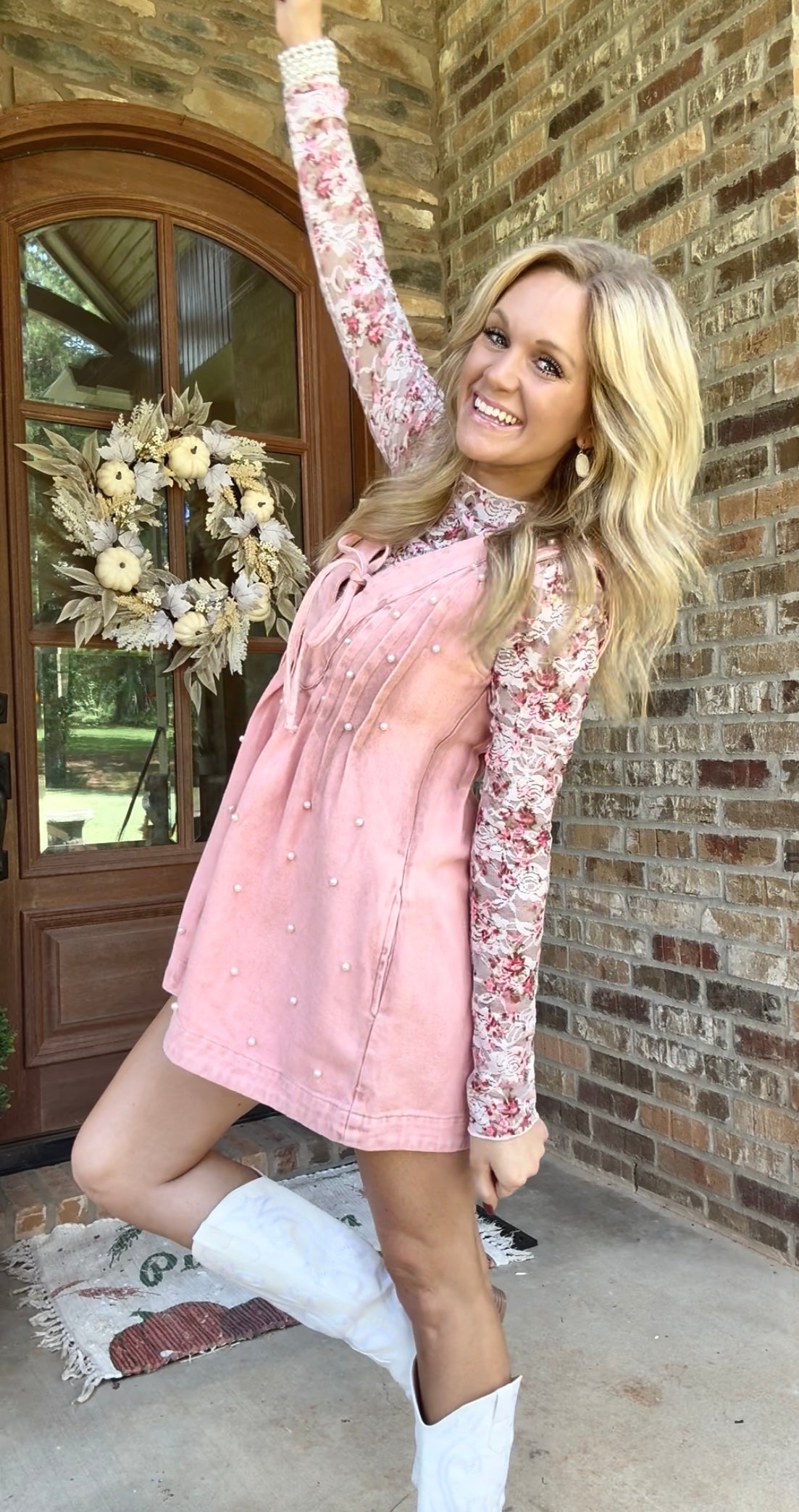 Dusty pink denim pearl romper