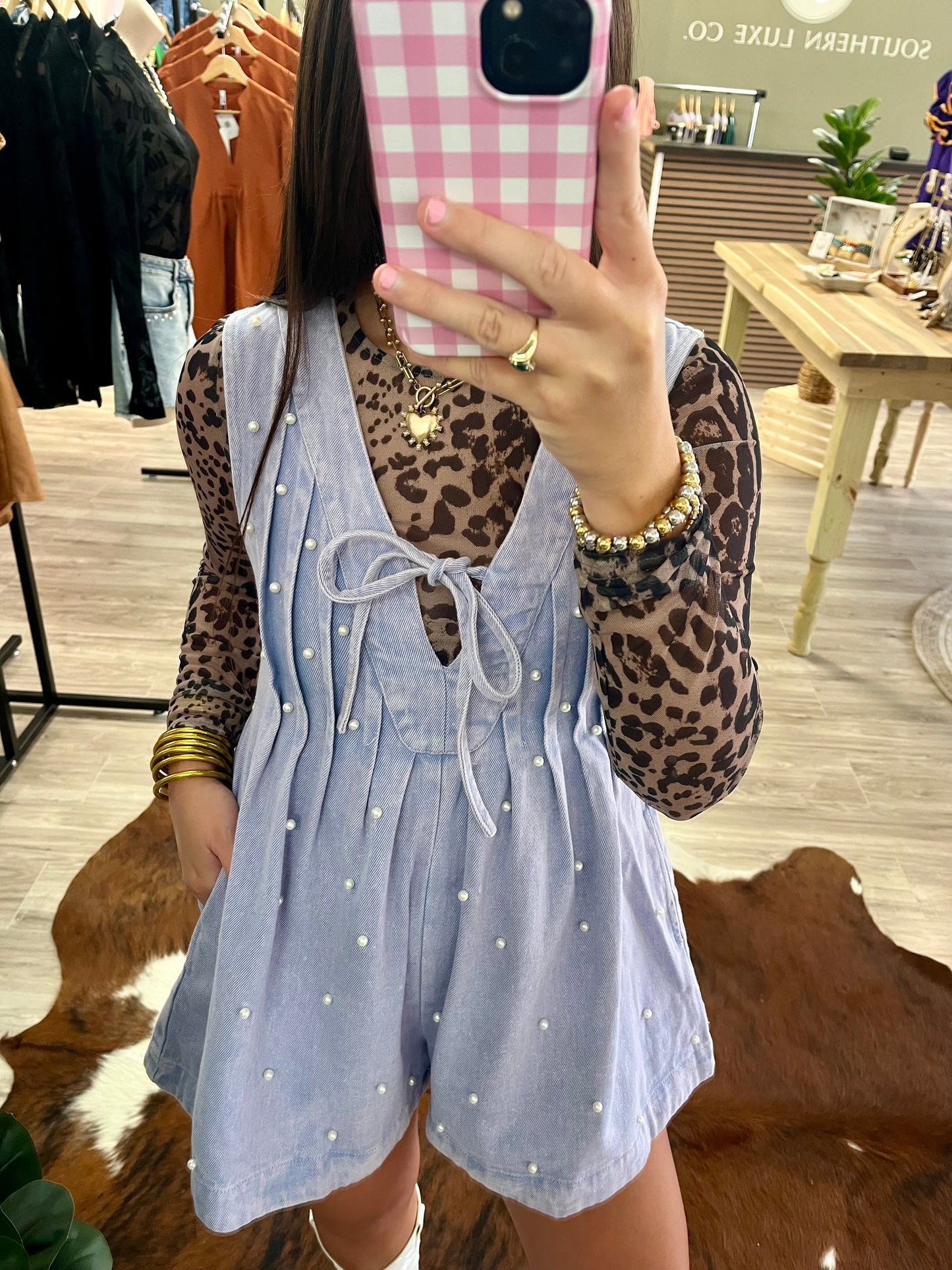 Purple pearl denim pleated romper