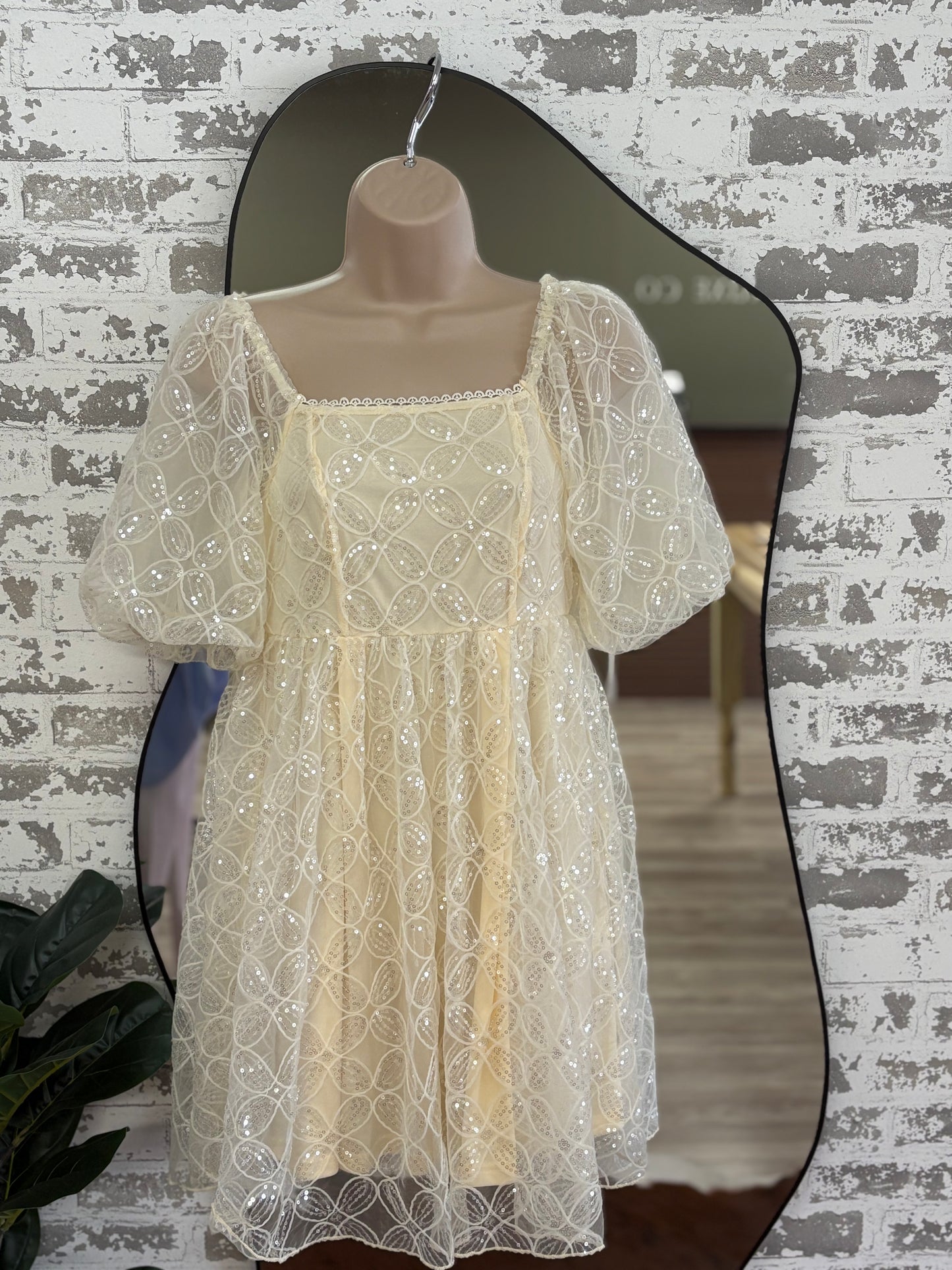 Cream sparkle puff sleeve babydoll dress