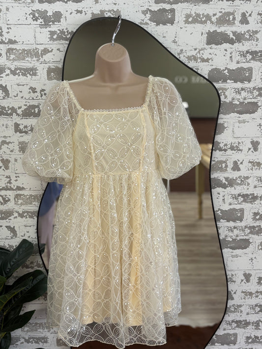 Cream sparkle puff sleeve babydoll dress