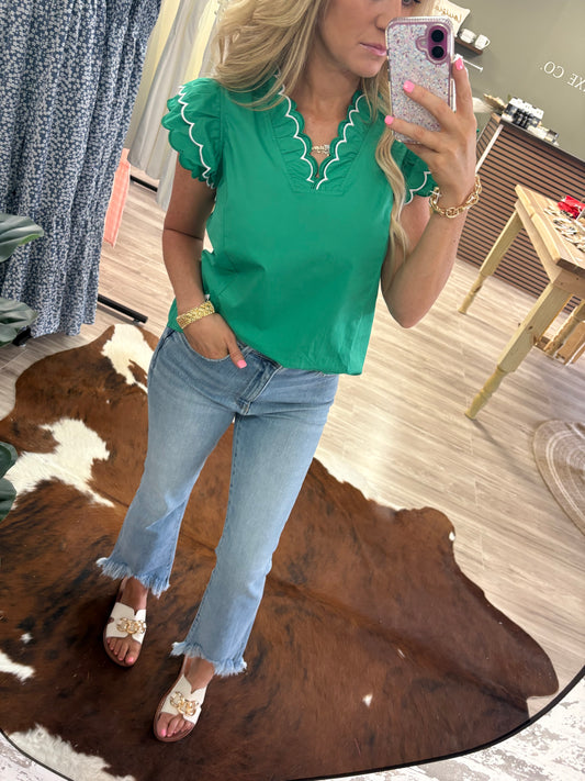 Green scalloped trim layered blouse