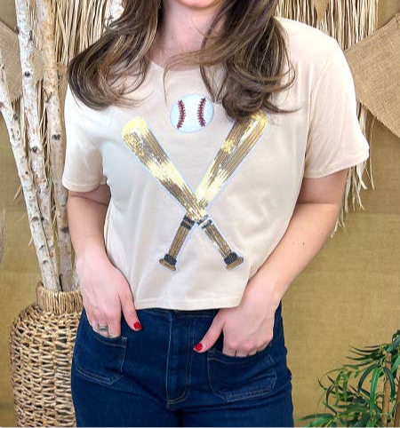 Crossed Bats Sequin Baseball Graphic Crop Top T-Shirt