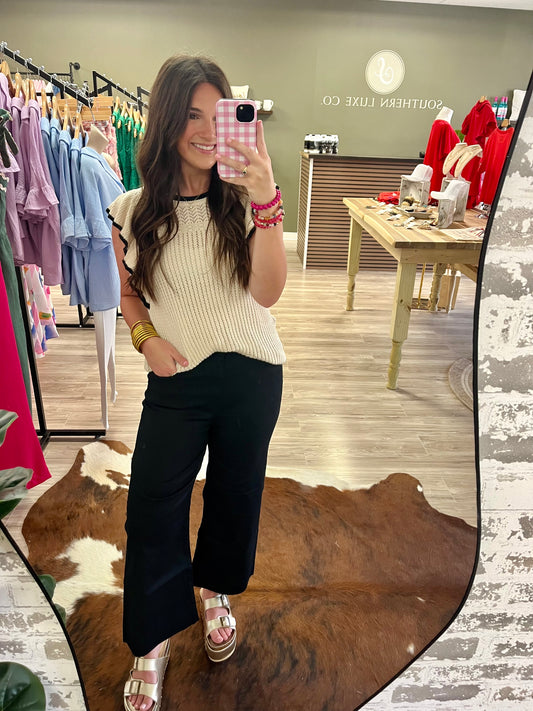 High rise flare cropped black denim pants