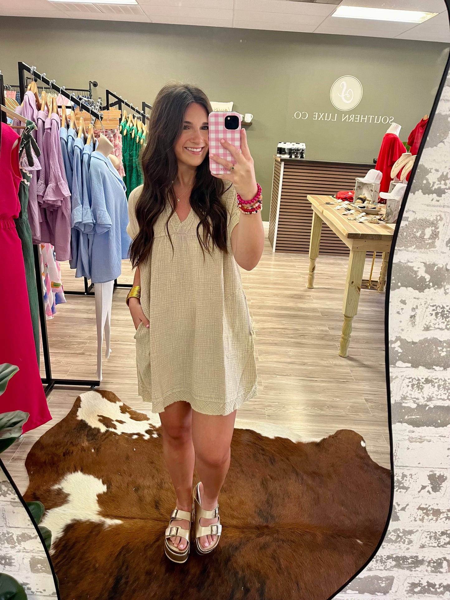 Washed raw edge v neck dress