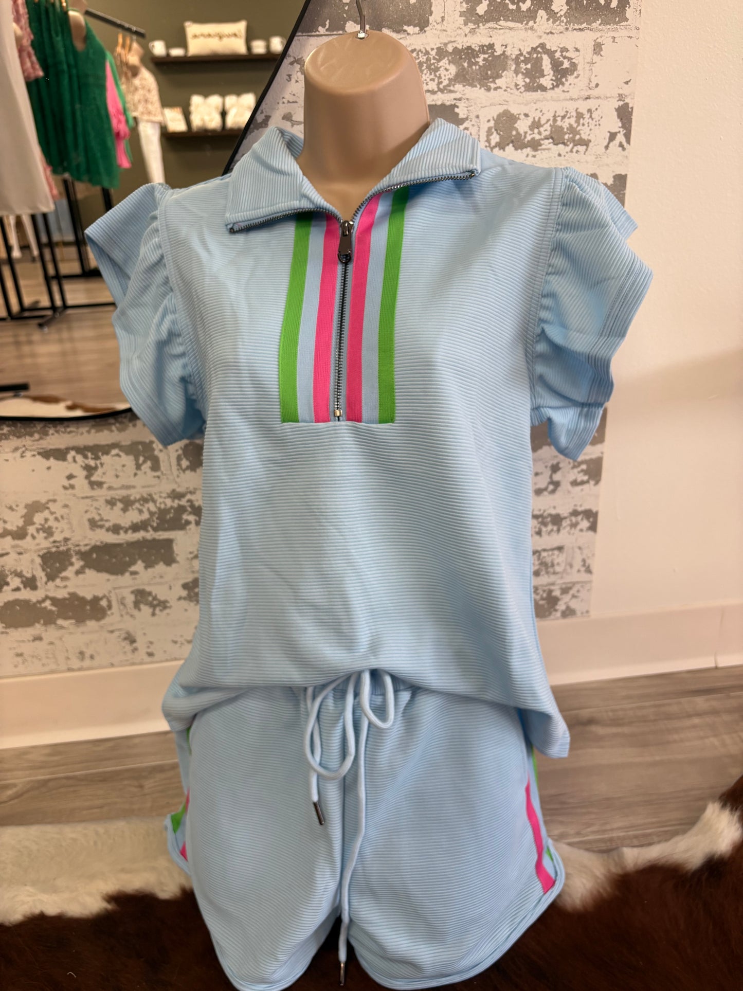 Striped Detail Flutter Sleeve Zipped Collar Short Set