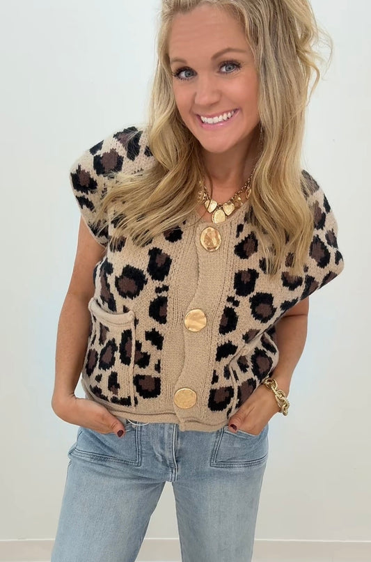 Leopard button up knit sweater