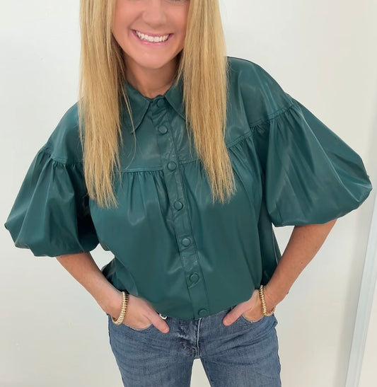 Teal faux leather blouse