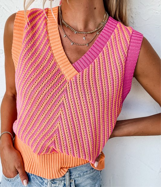 Pink and orange v neck sweater vest