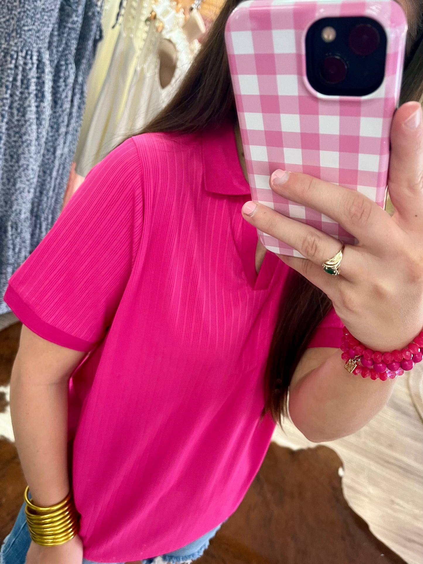 Rib Knit Polo Top, Hot Pink