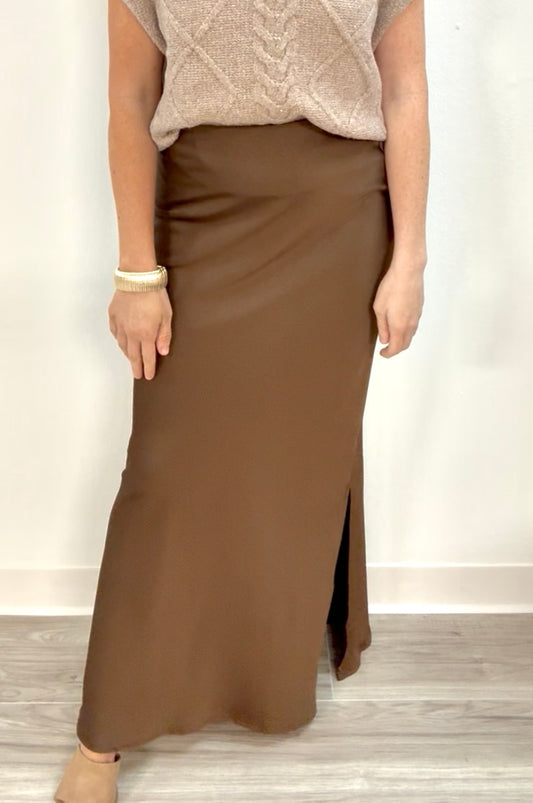 Brown side slit maxi skirt