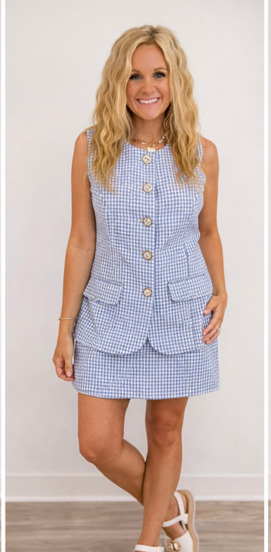 Blue plaid button down romper