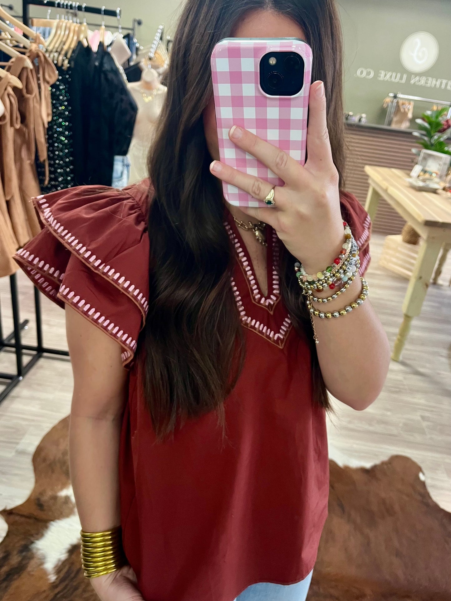 Brick ruffle sleeve blouse