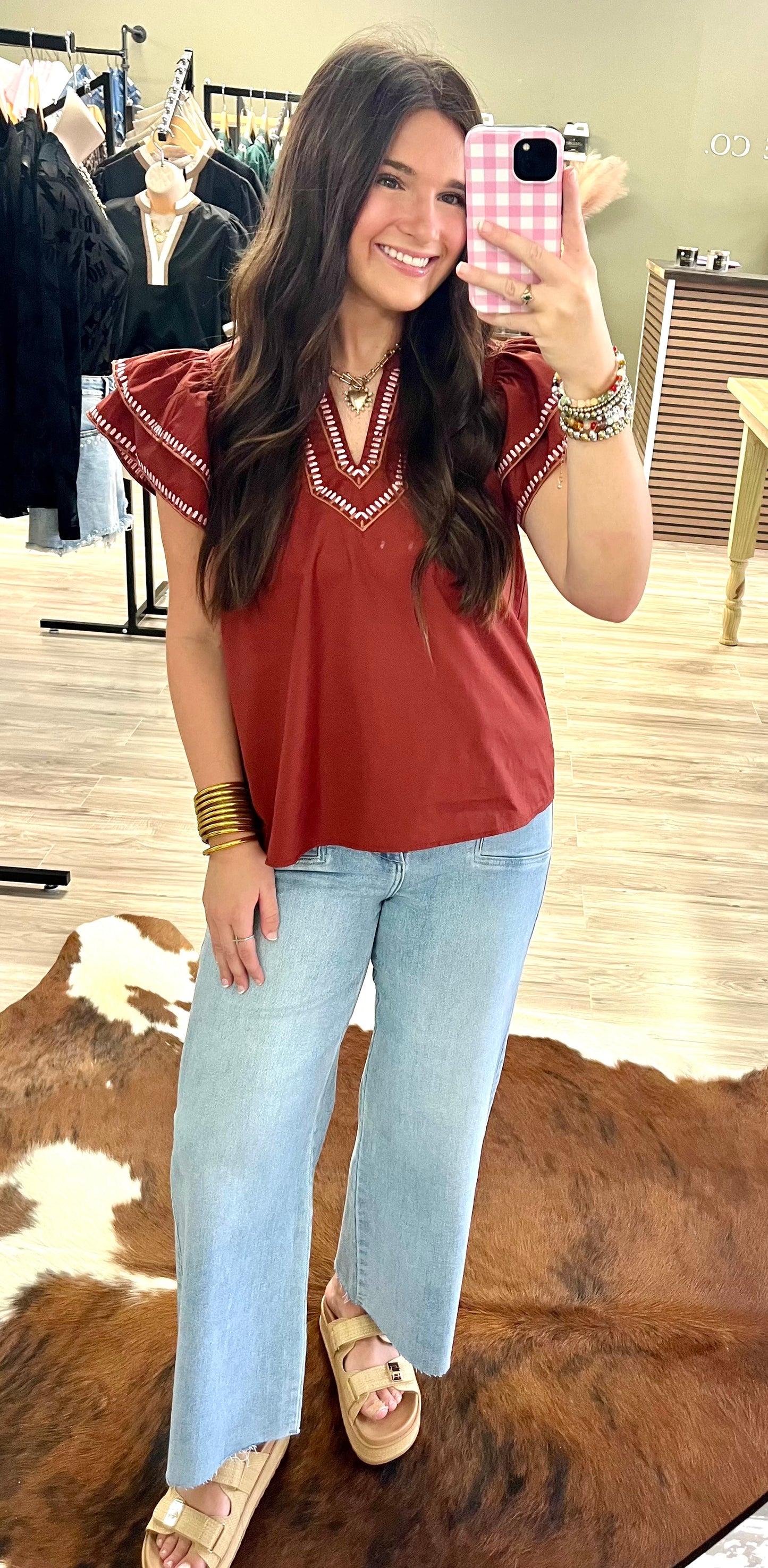Brick ruffle sleeve blouse
