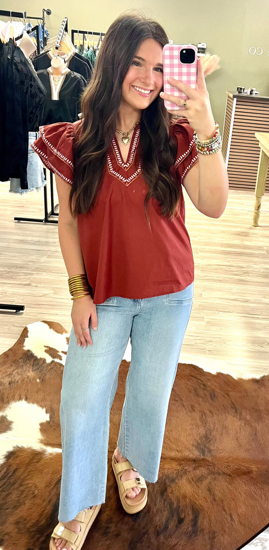Brick ruffle sleeve blouse