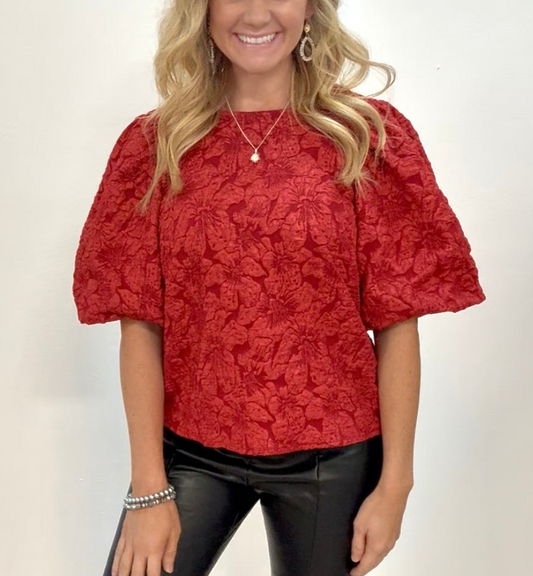 Red jacquard puff sleeve blouse