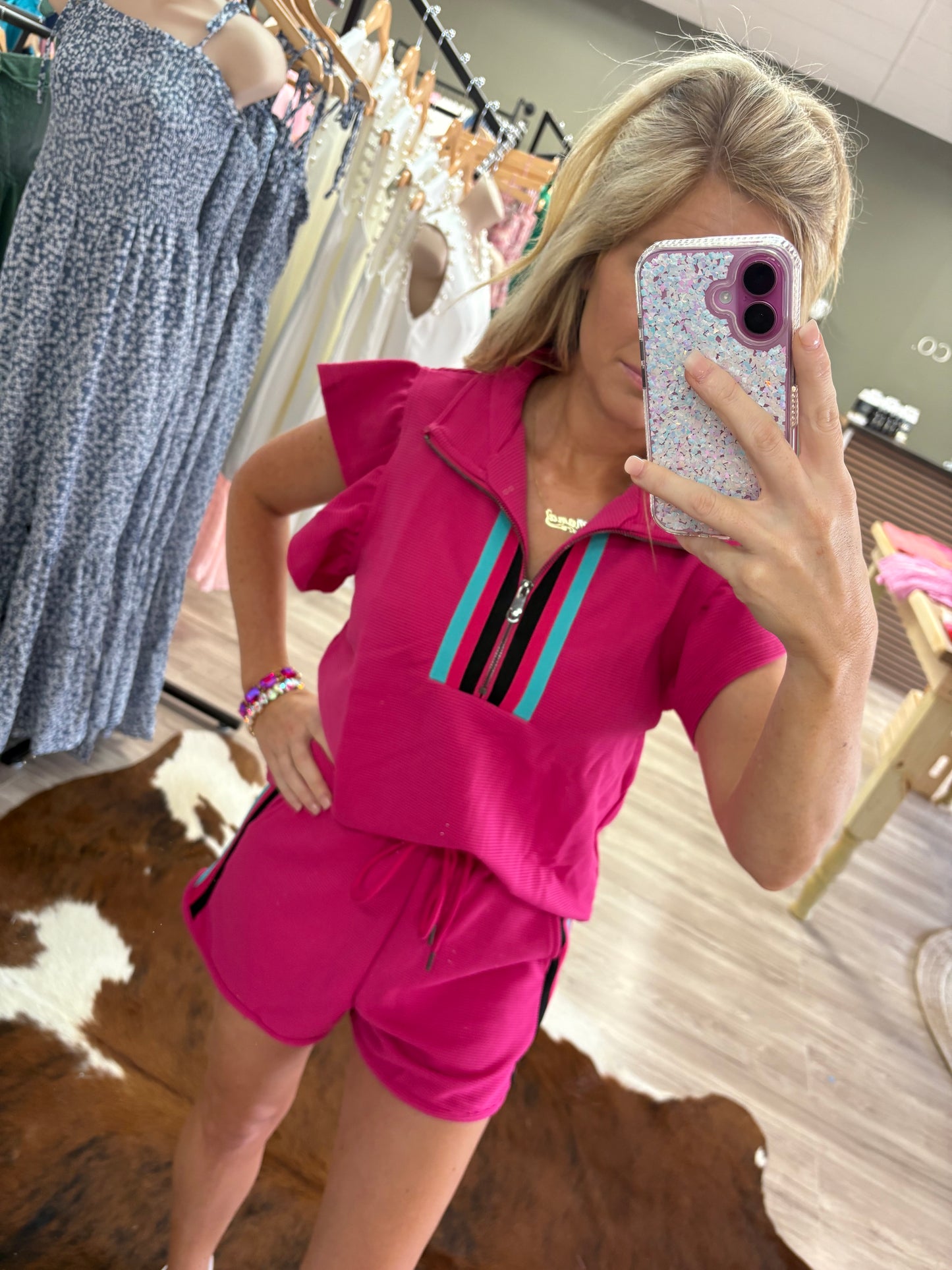 Striped Detail Flutter Sleeve Zipped Collar Short Set