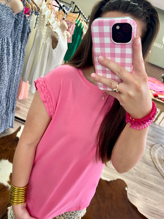 Braided Cap Sleeve Crew Neck T Shirt