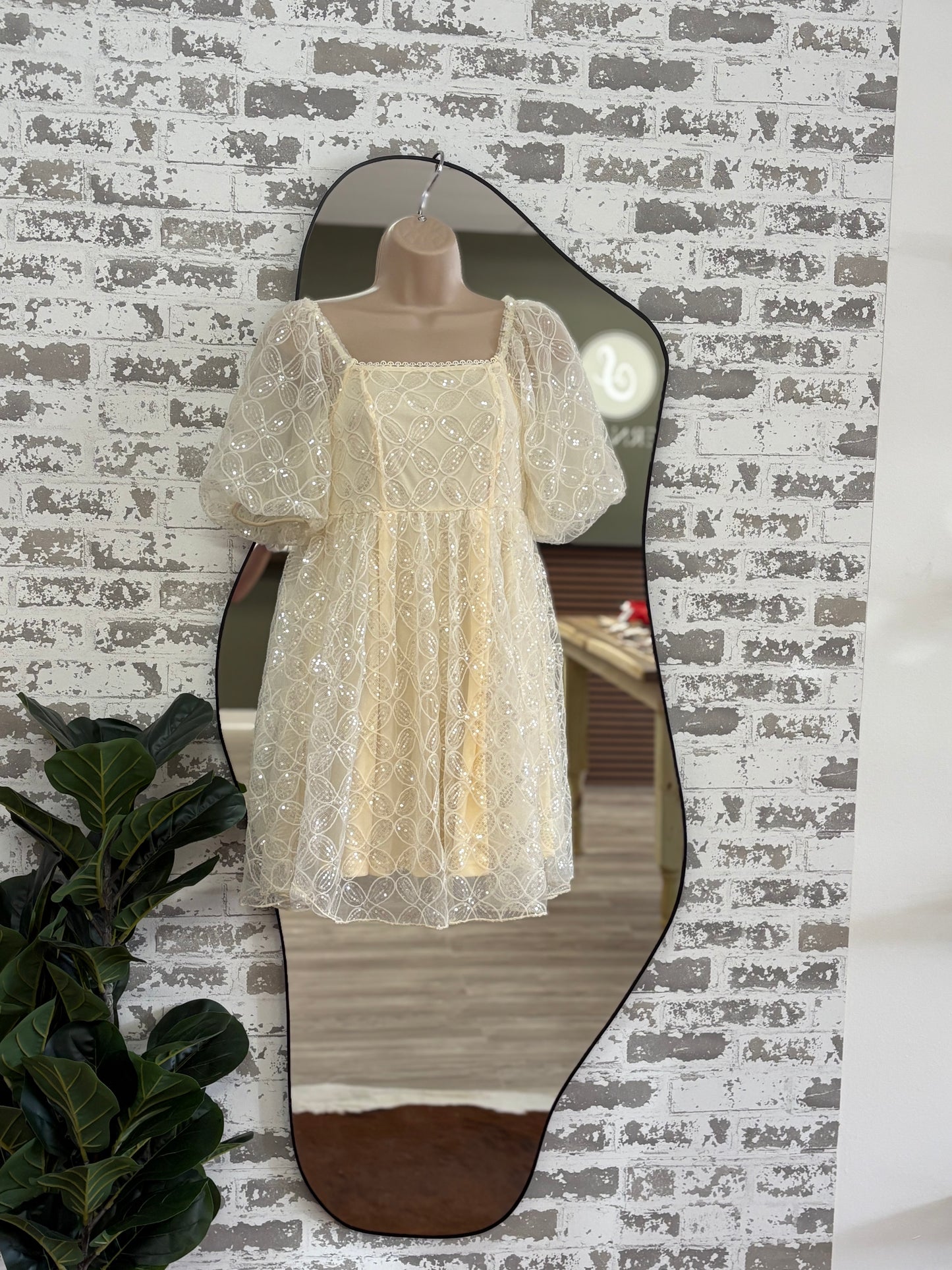 Cream sparkle puff sleeve babydoll dress