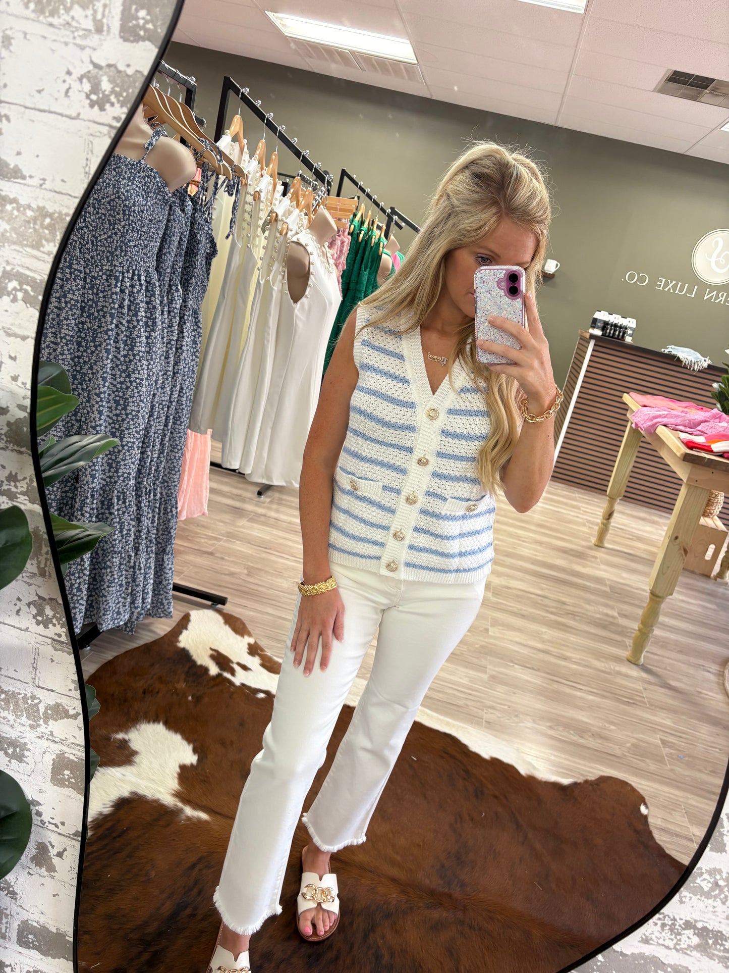 Stripe V Neck Gold Button Sweater Vest