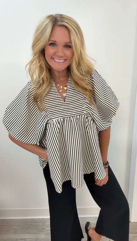 Black striped v neck blouse