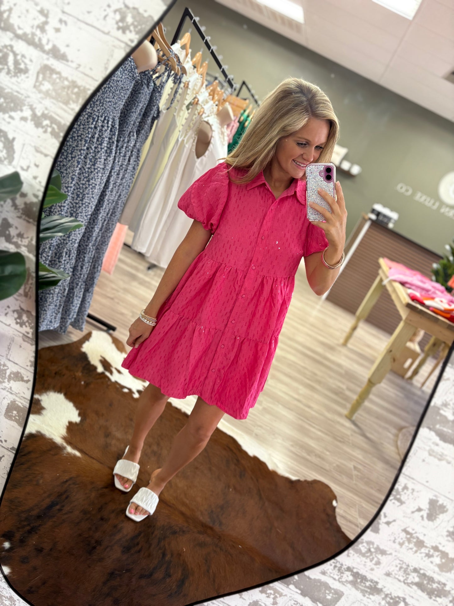 Hot pink sparkle sequin babydoll dress