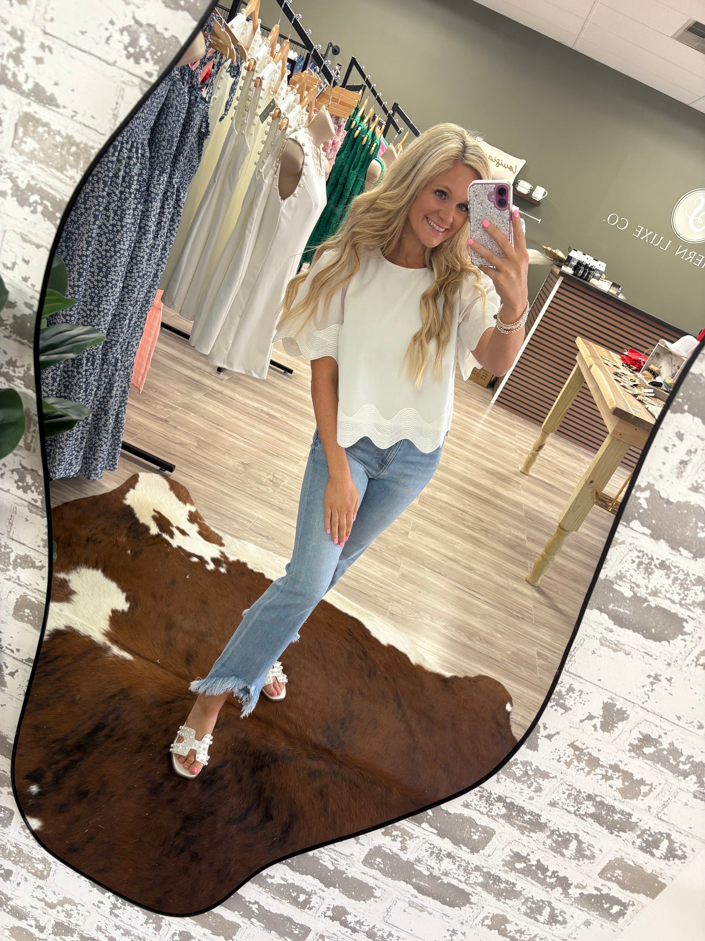 Women’s white wave trim blouse