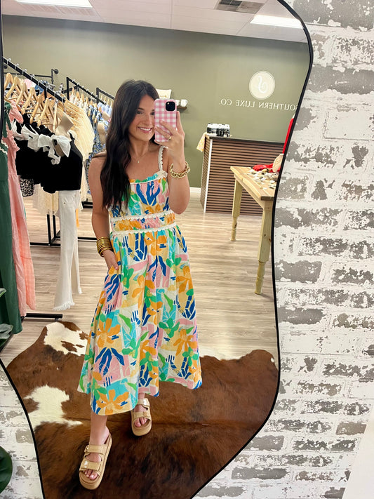 Tropical woven midi dress