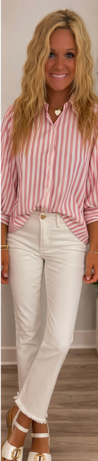 Pink Striped quarter length sleeve blouse