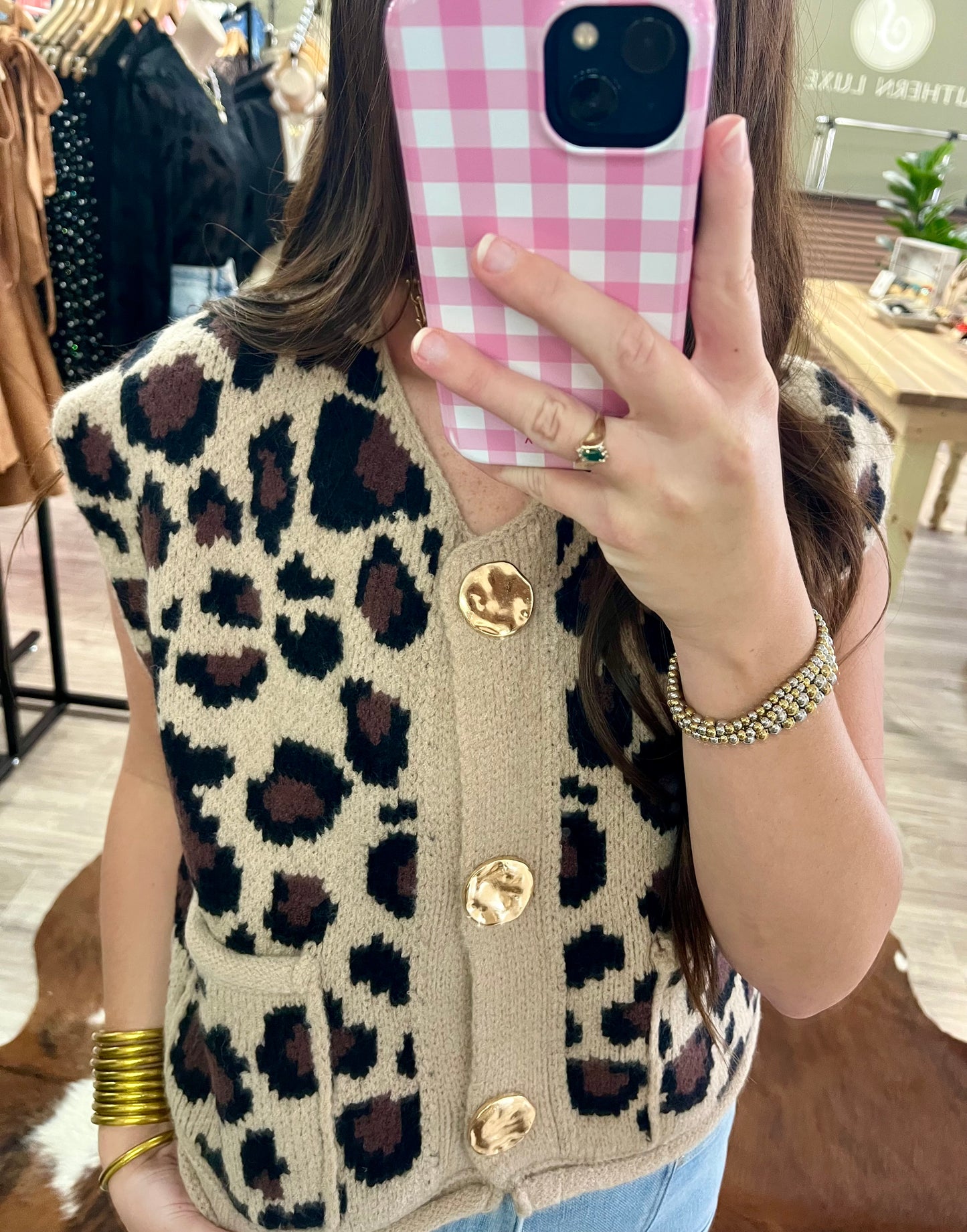Leopard button up knit sweater