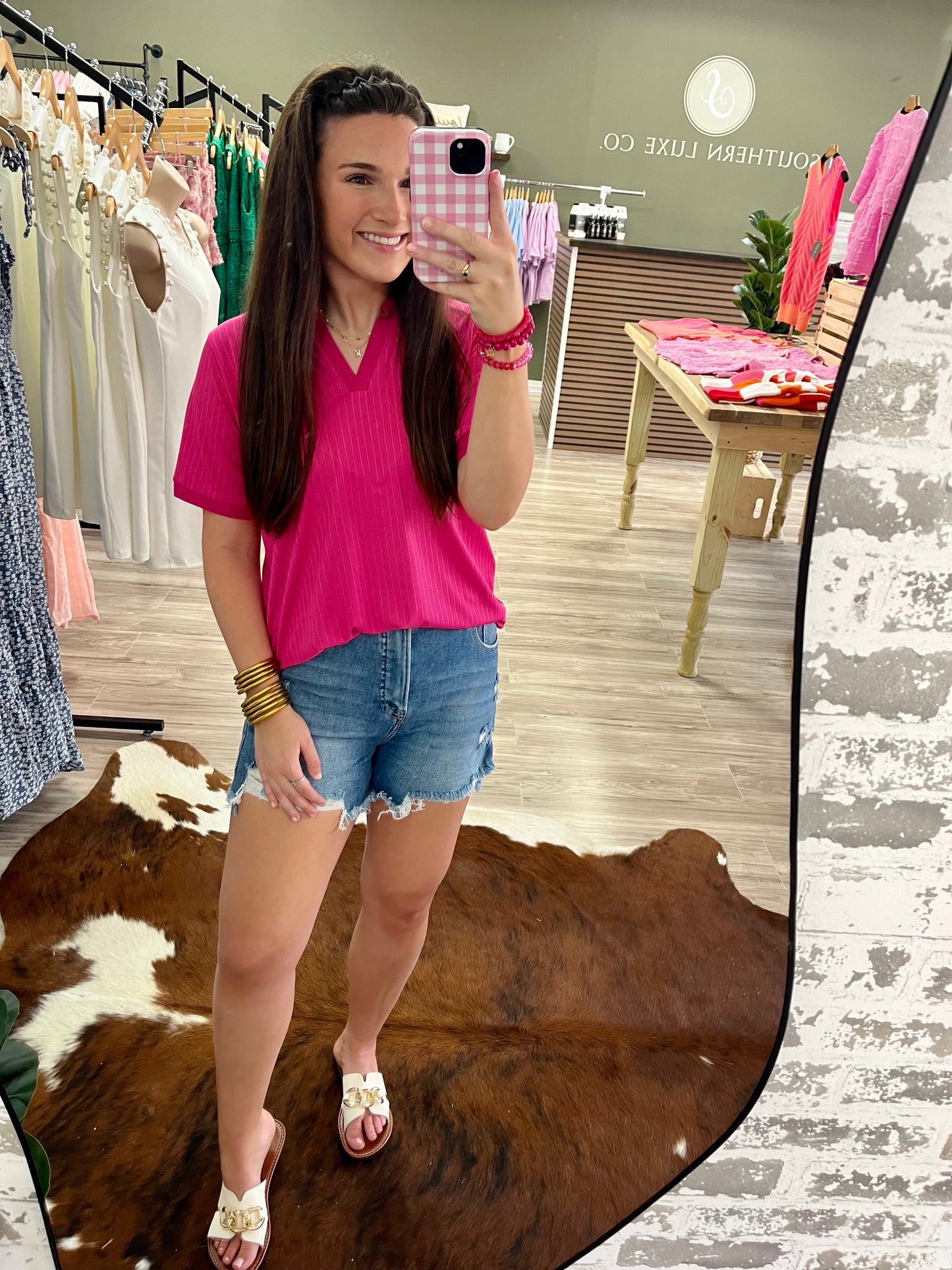 Rib Knit Polo Top, Hot Pink