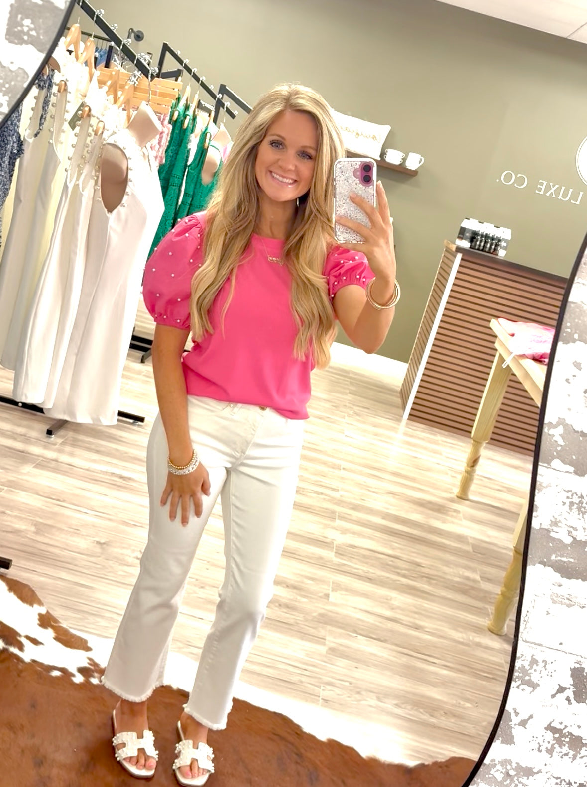 Hot pink pearl puff sleeve