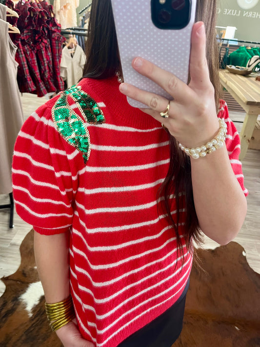 Christmas sequin ribbon striped top