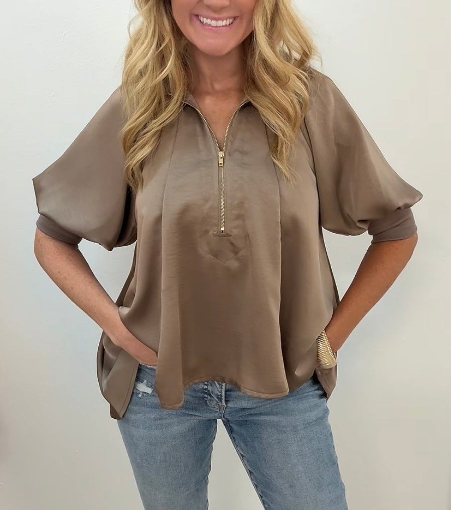 Mocha mock neck puff sleeve blouse