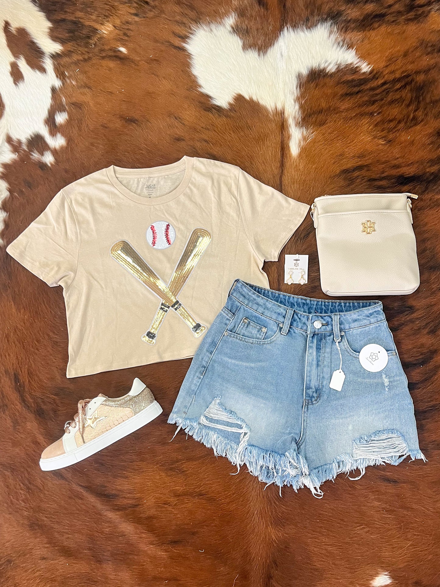 Crossed Bats Sequin Baseball Graphic Crop Top T-Shirt