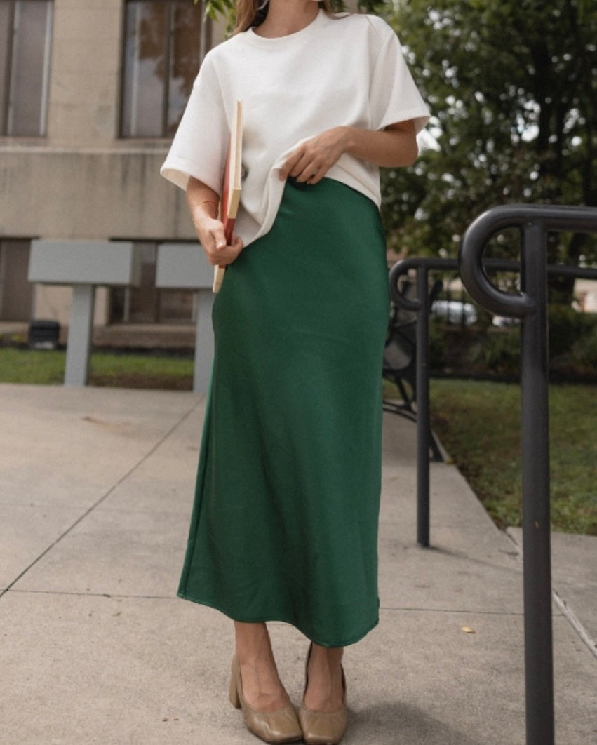 Green satin skirt