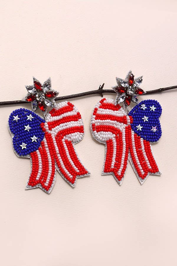 4TH OF JULY SEEDBEAD BOW FLAG EARRINGS