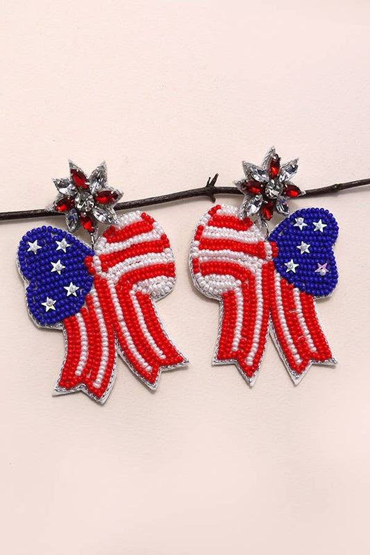 4TH OF JULY SEEDBEAD BOW FLAG EARRINGS
